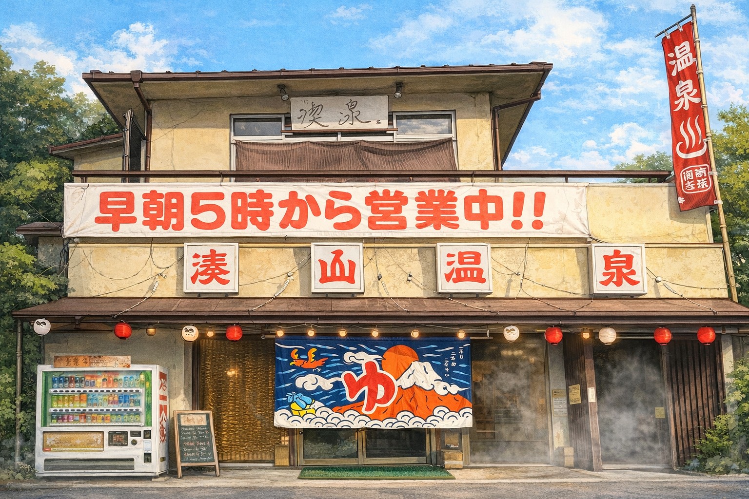 神戸の湊山温泉の外観イラスト　朝五時営業のレトロな温泉入り口