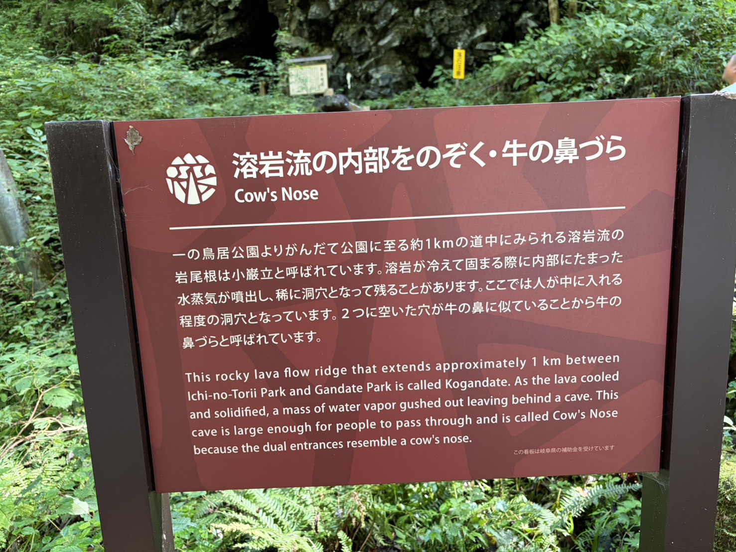 牛の鼻づらの説明板。溶岩が固まる際に内部の水蒸気が噴出してできた洞穴と書かれている