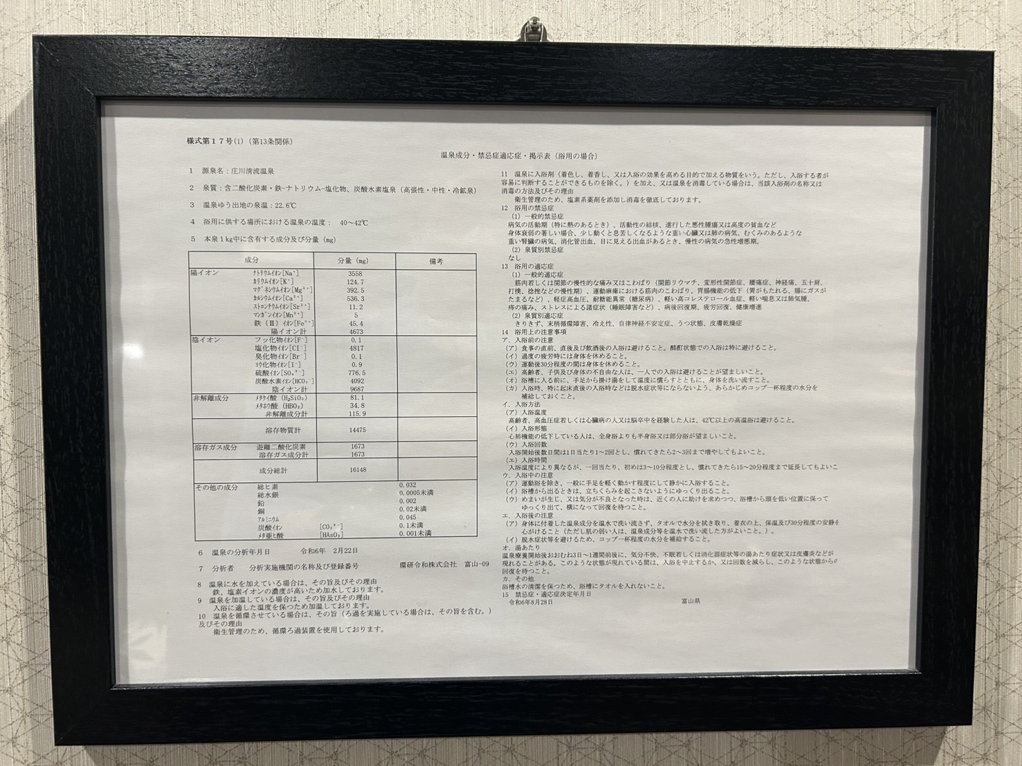 庄川清流温泉の温泉成分・禁忌症適応症の掲示表。成分総計16148ミリグラムと書かれている