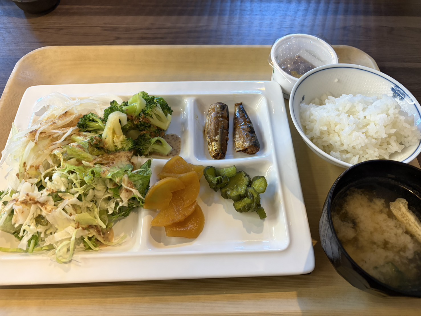 ホテルルートインの朝食バイキング。キャベツと水菜のサラダ、ブロッコリー、小魚の煮付け、漬物、ご飯と味噌汁