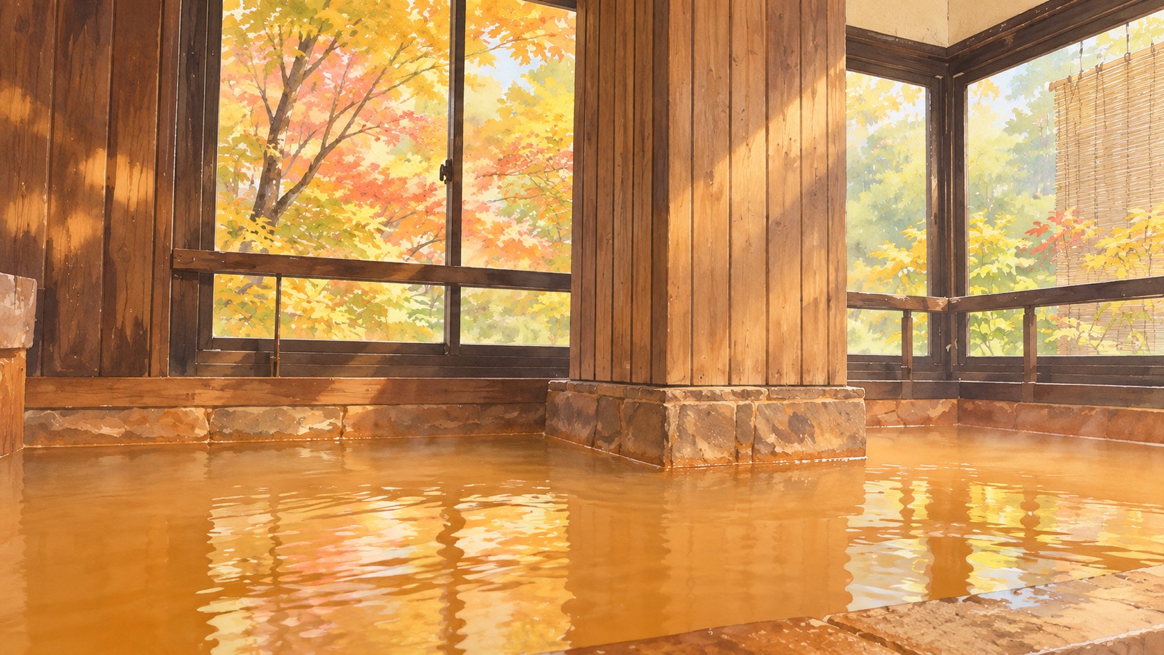 奥蓼科・明治温泉の湯船を描いた水彩画。鉄褐色の湯と、窓の外の紅葉