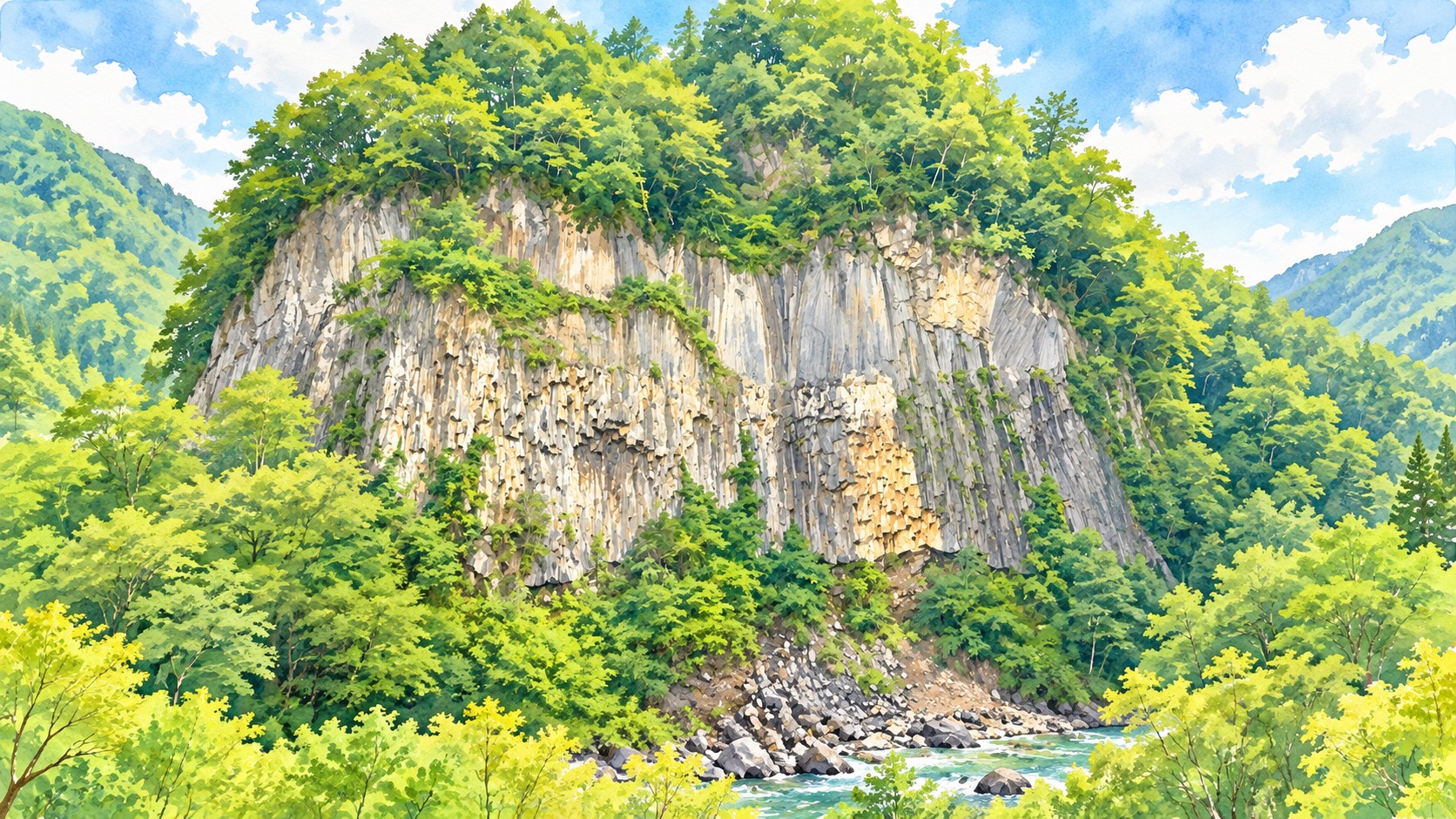 巌立の大岩壁を描いた水彩画。縦に柱状節理の筋が入った断崖と、上にのった緑、下を流れる渓流