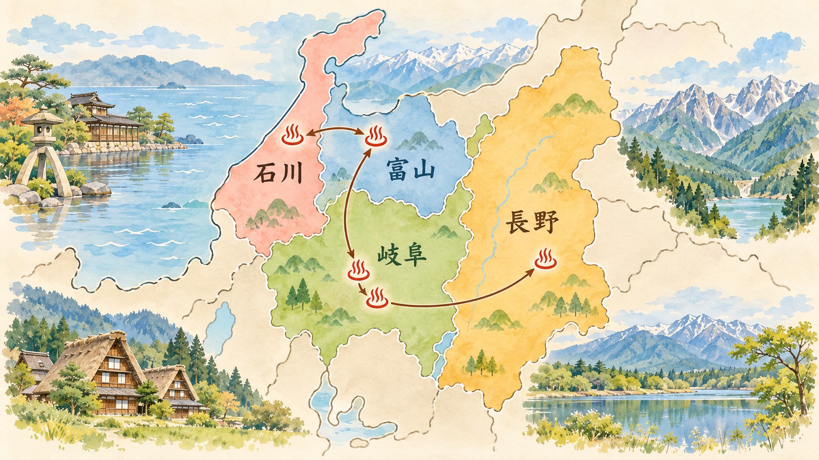 長野・岐阜・富山・石川の地図に温泉のしるしが5つ。旅の道筋が矢印で描かれた水彩画