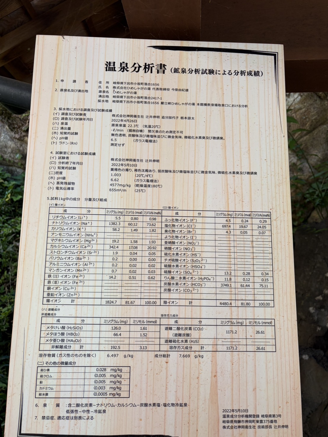 ひめしゃがの湯の温泉分析書。湧出量の欄に間欠泉のため測定不可と書かれている