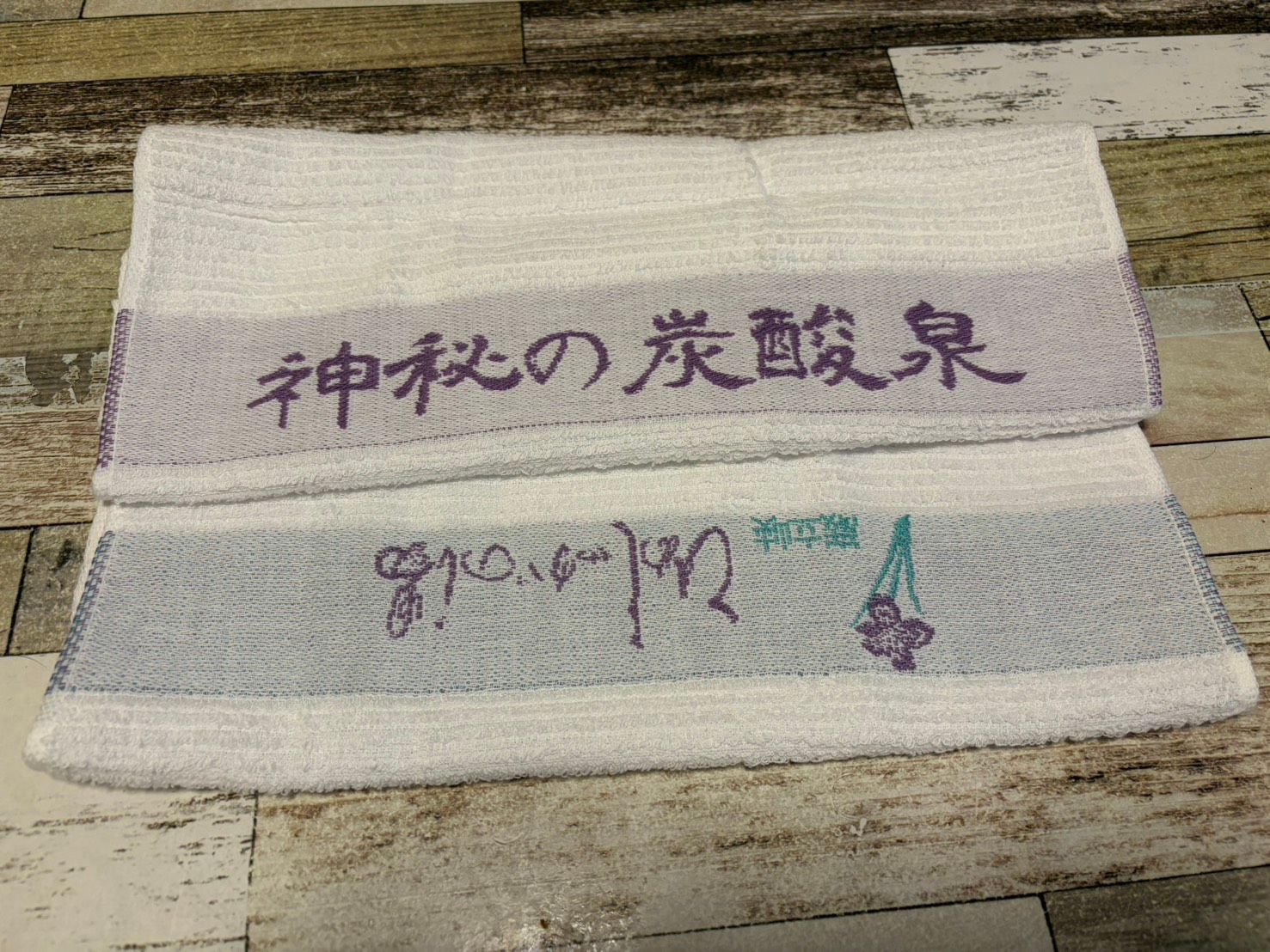 ひめしゃがの湯で買ったタオル。「神秘の炭酸泉」と書かれている
