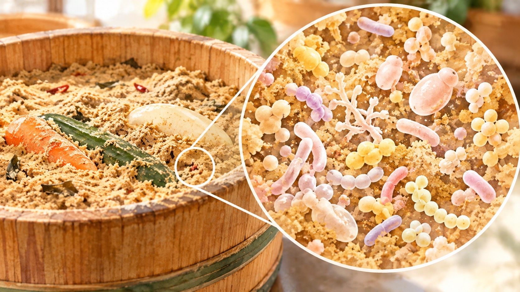 木桶のぬか床に虫めがねを重ねた絵。拡大した円の中に、ぬかの粒と棒の形をした乳酸菌が描かれている